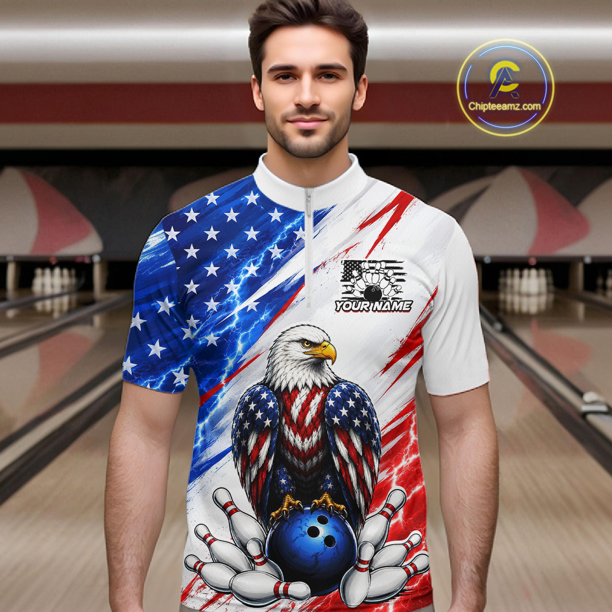 Man wearing a bowling shirt with American flag design and eagle graphic in a bowling alley.