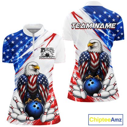 Bowling jersey with American flag design, eagle, and bowling elements on a white background.