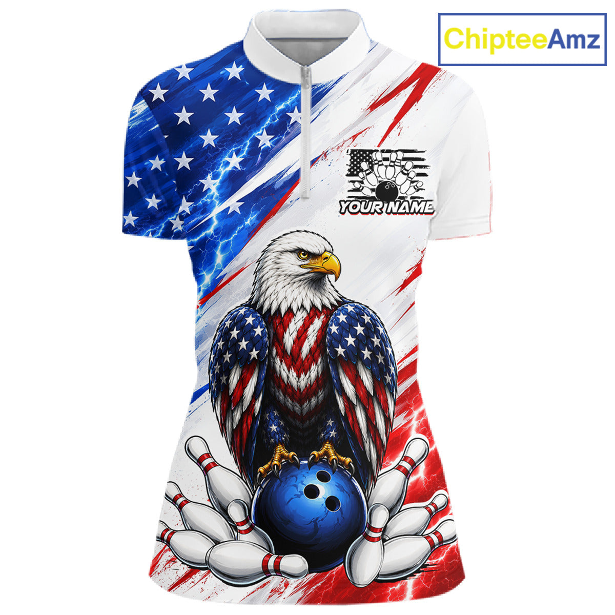 Bowling shirt with American flag design and eagle holding a bowling ball, branded 'ChipteeAmz'.