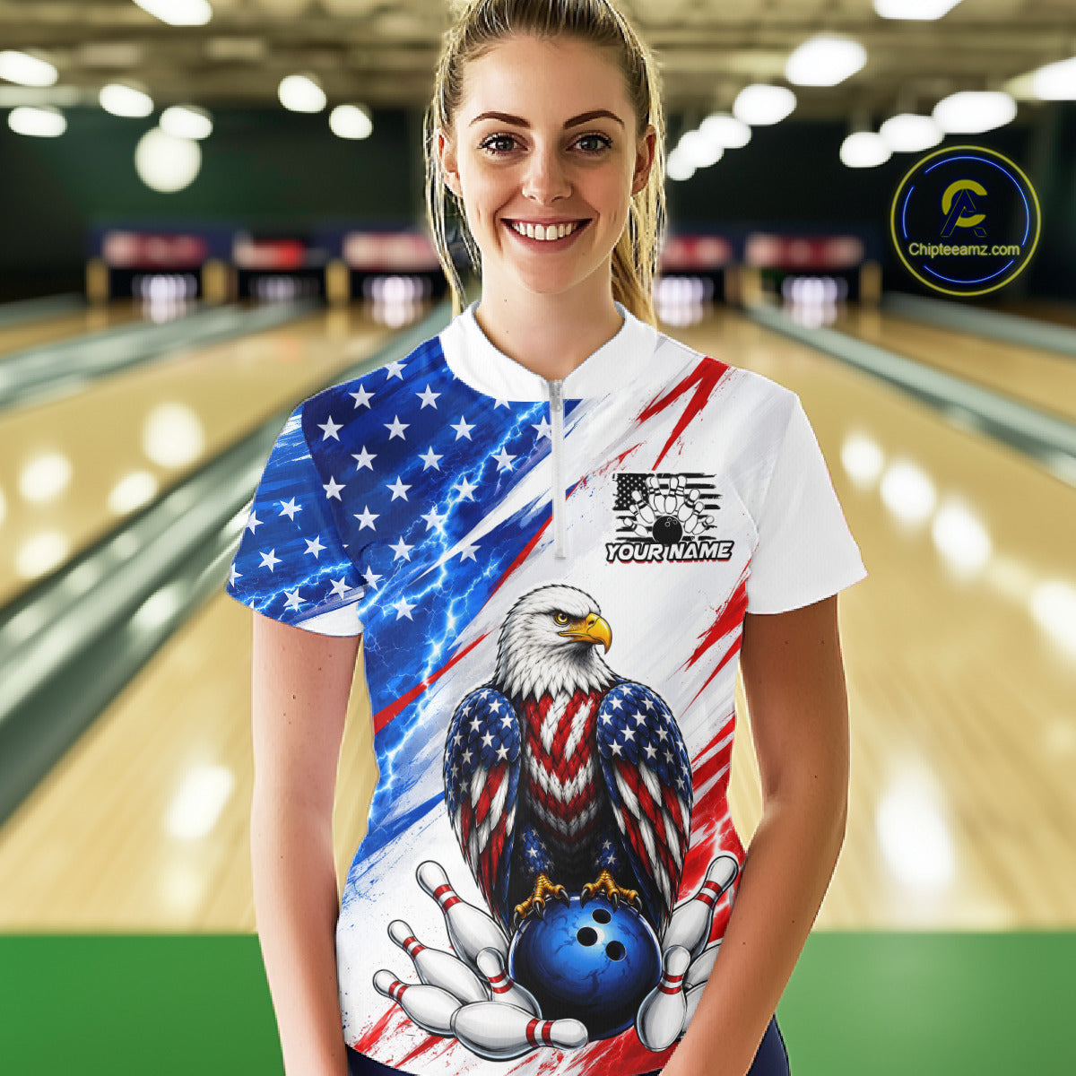 Woman wearing a custom bowling shirt with an American flag and eagle design in a bowling alley.