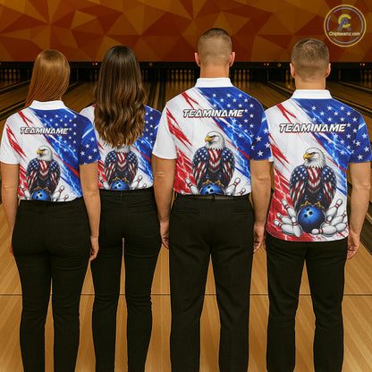 Four people wearing bowling shirts with eagle and American flag design on a bowling alley.