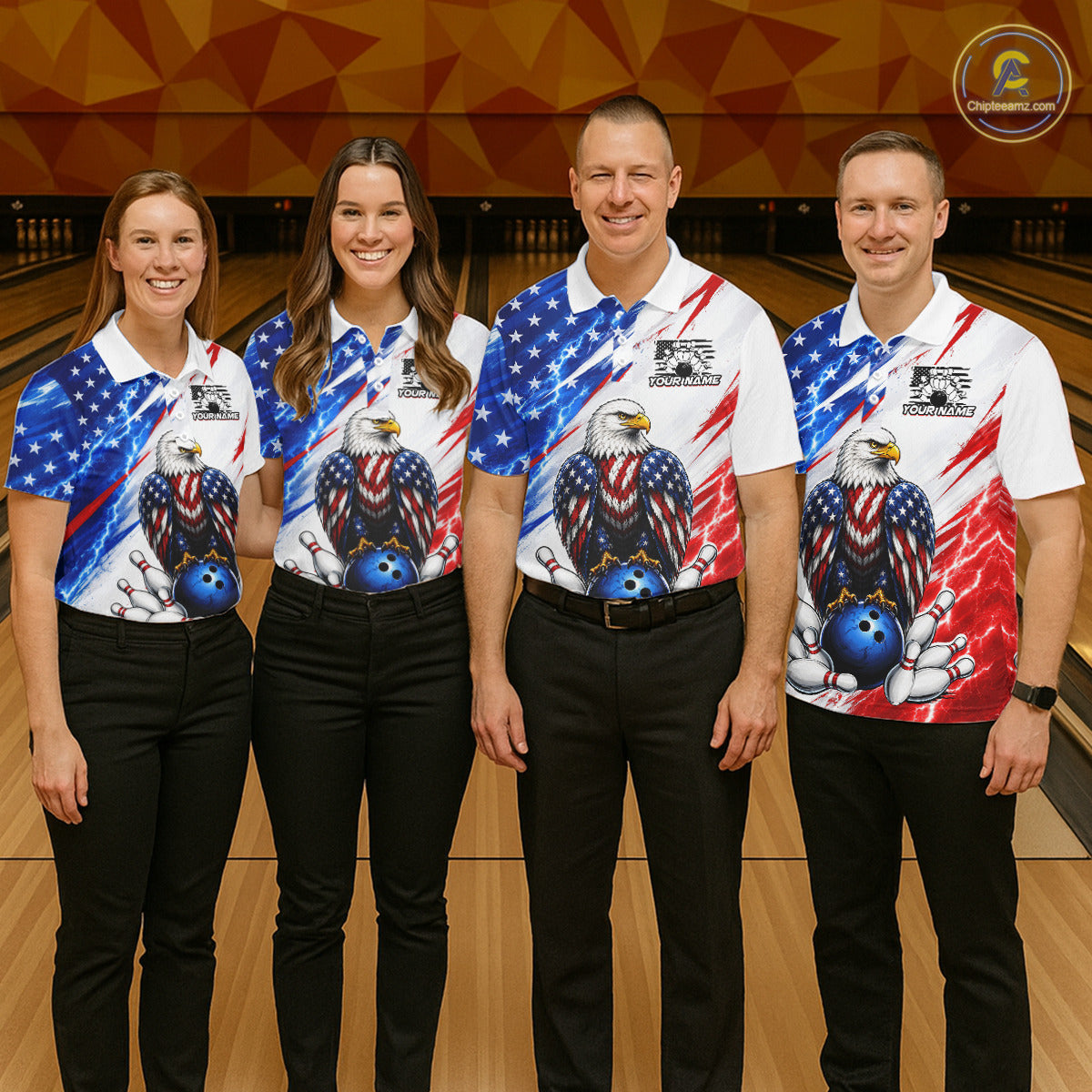Four people wearing matching patriotic bowling shirts in a bowling alley.