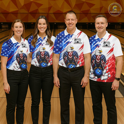 Four people wearing matching patriotic bowling shirts in a bowling alley.