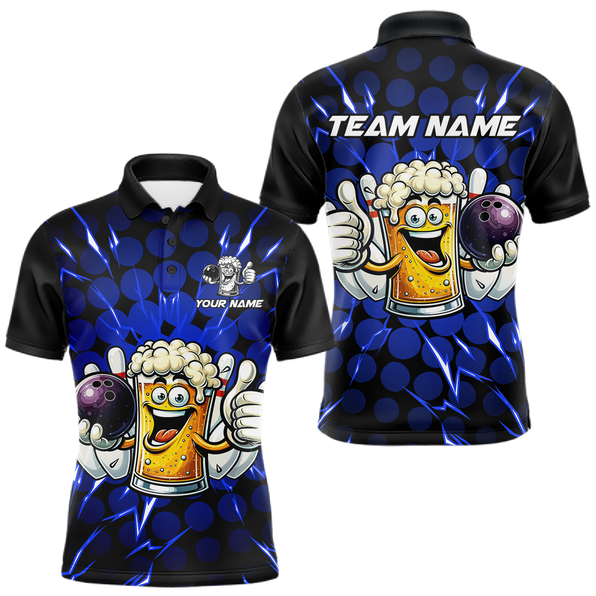 Custom Blue Funny Beer Bowling Jersey for Men Bowling Team Shirts Polo & 1/4 Zip HNT187
