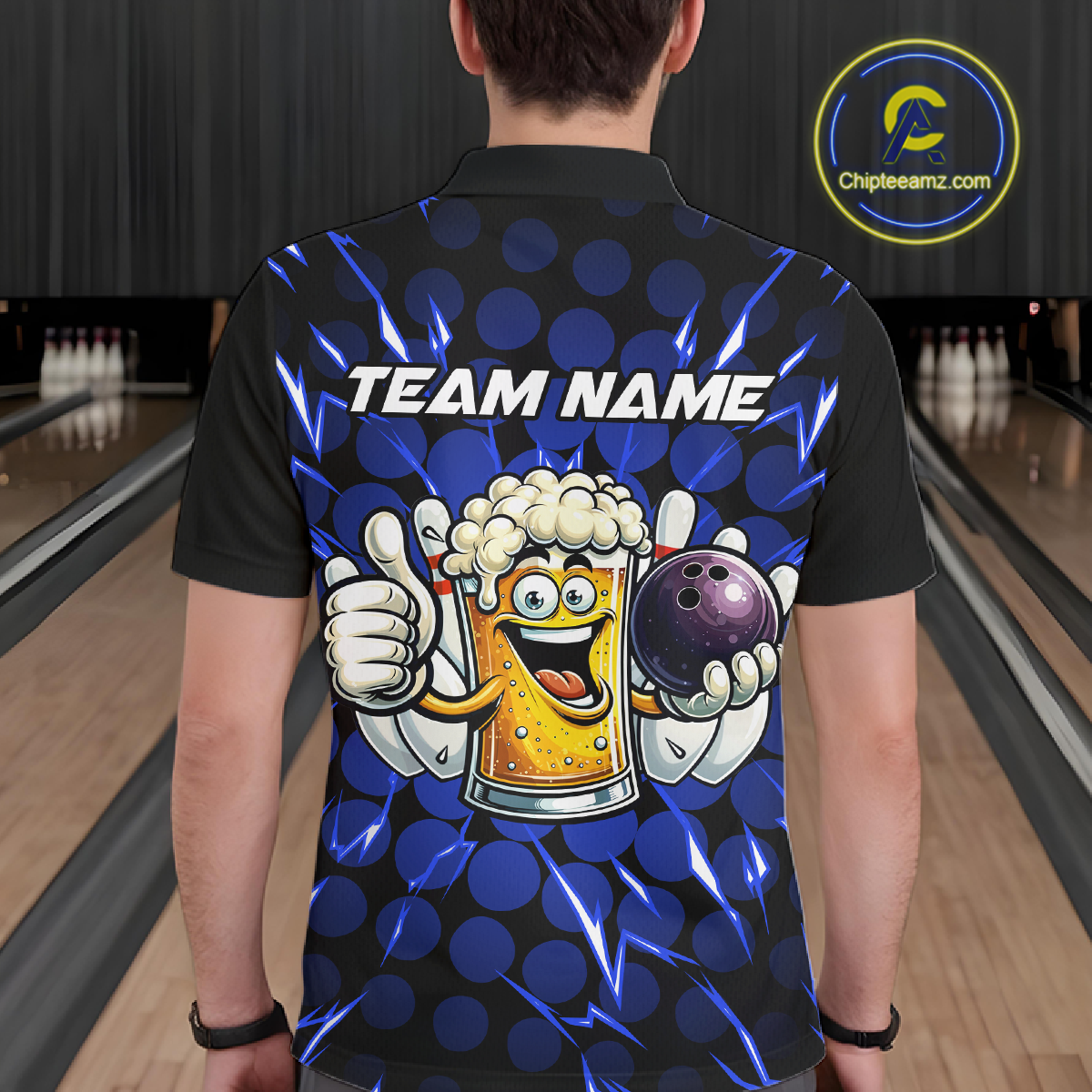 Custom Blue Funny Beer Bowling Jersey for Men Bowling Team Shirts Polo & 1/4 Zip HNT187