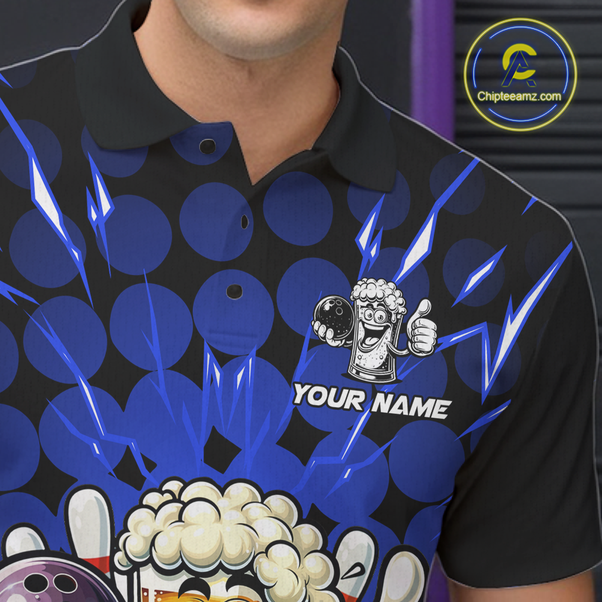 Custom Blue Funny Beer Bowling Jersey for Men Bowling Team Shirts Polo & 1/4 Zip HNT187