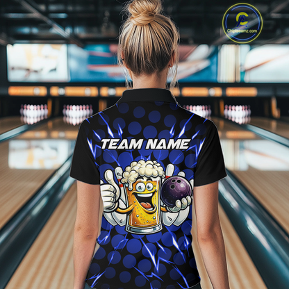 Custom Blue Funny Beer Bowling Jersey for Women Bowling Team Shirts Polo & 1/4 Zip HNT187