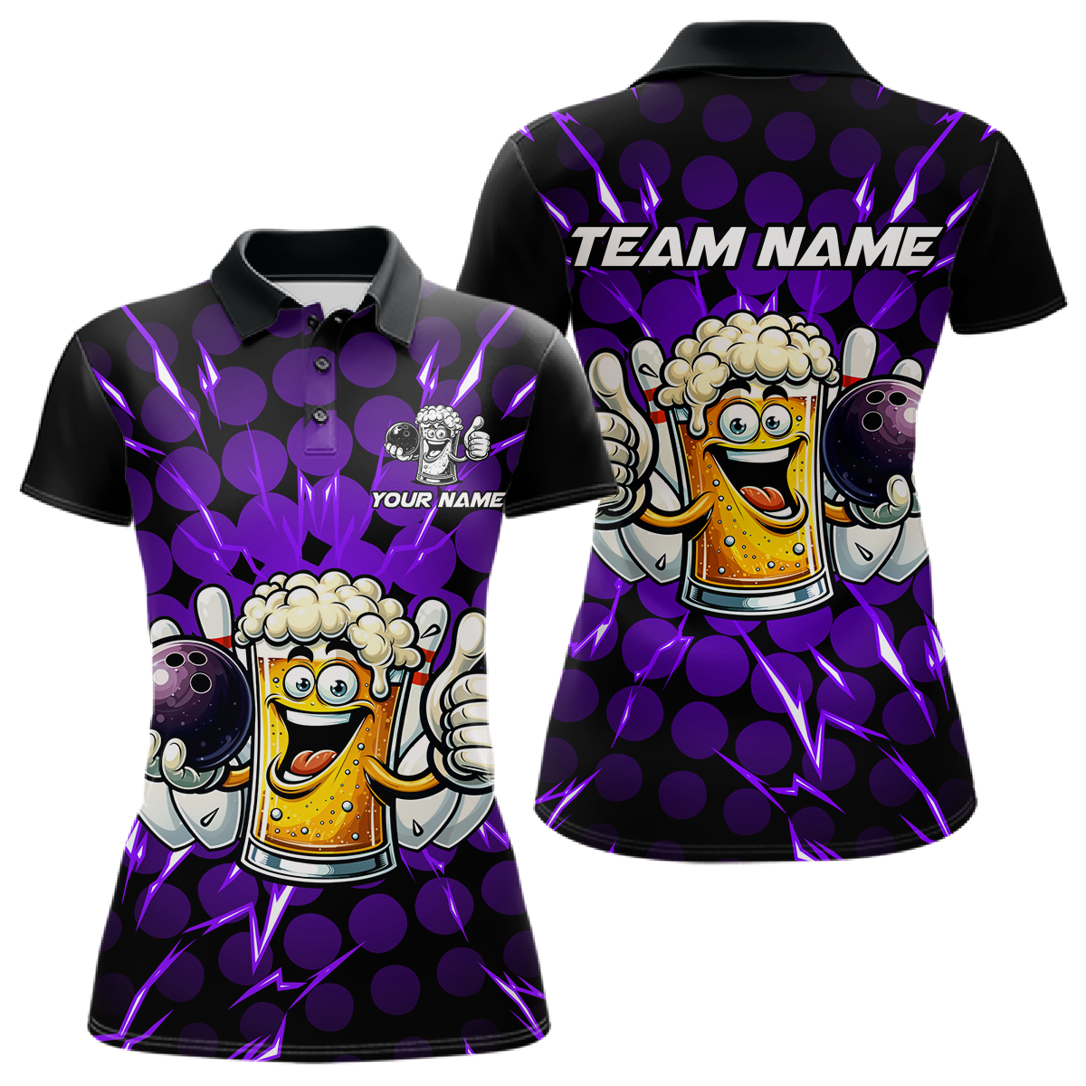 Custom Purple Funny Beer Bowling Jersey for Women Bowling Team Shirts Polo & 1/4 Zip HNT187