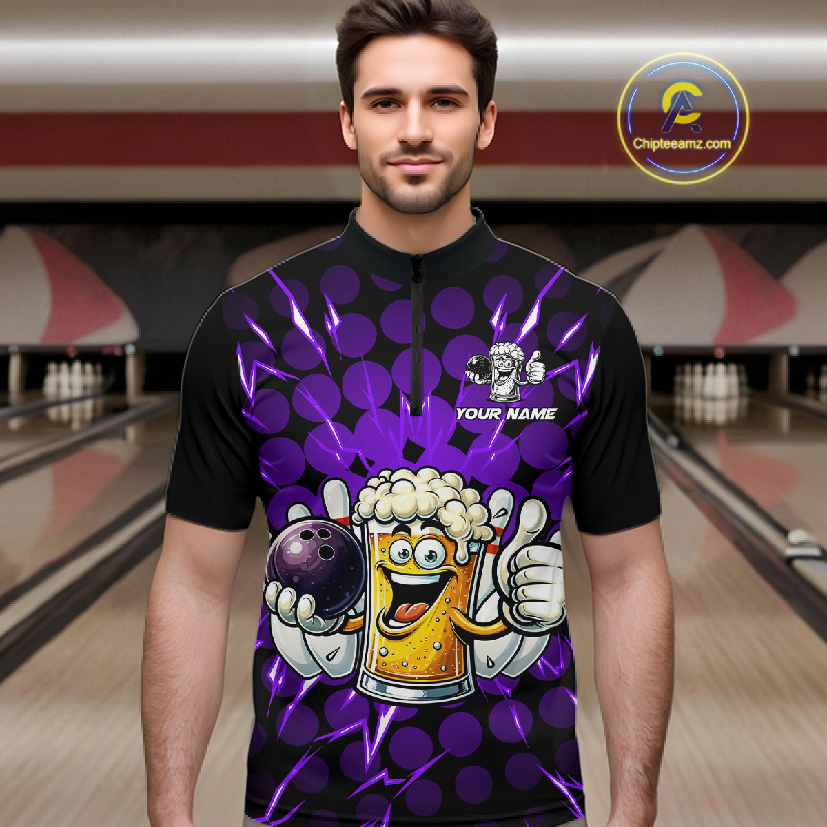Custom Purple Funny Beer Bowling Jersey for Men Bowling Team Shirts Polo & 1/4 Zip HNT187