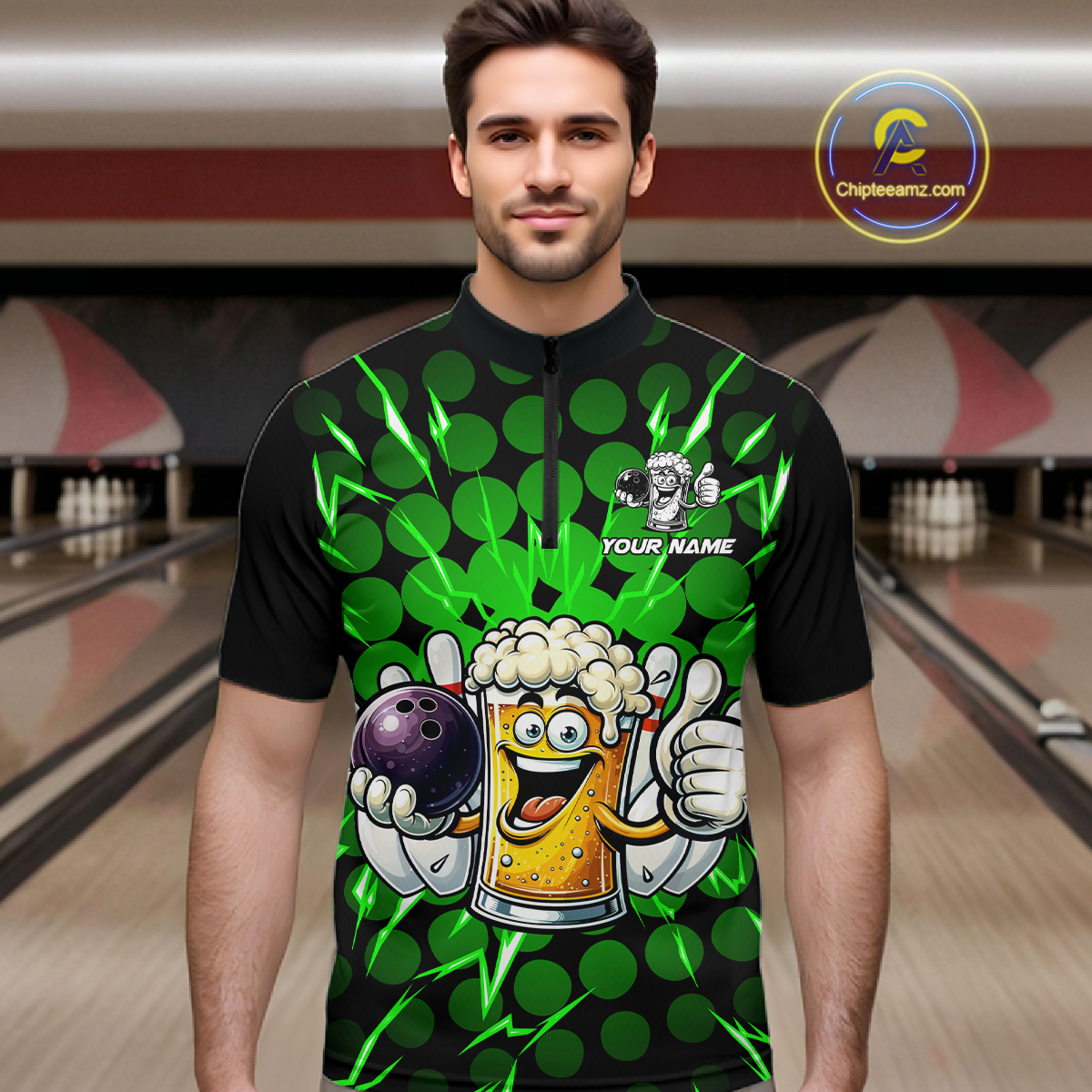 Custom Green Funny Beer Bowling Jersey for Men Bowling Team Shirts Polo & 1/4 Zip HNT187