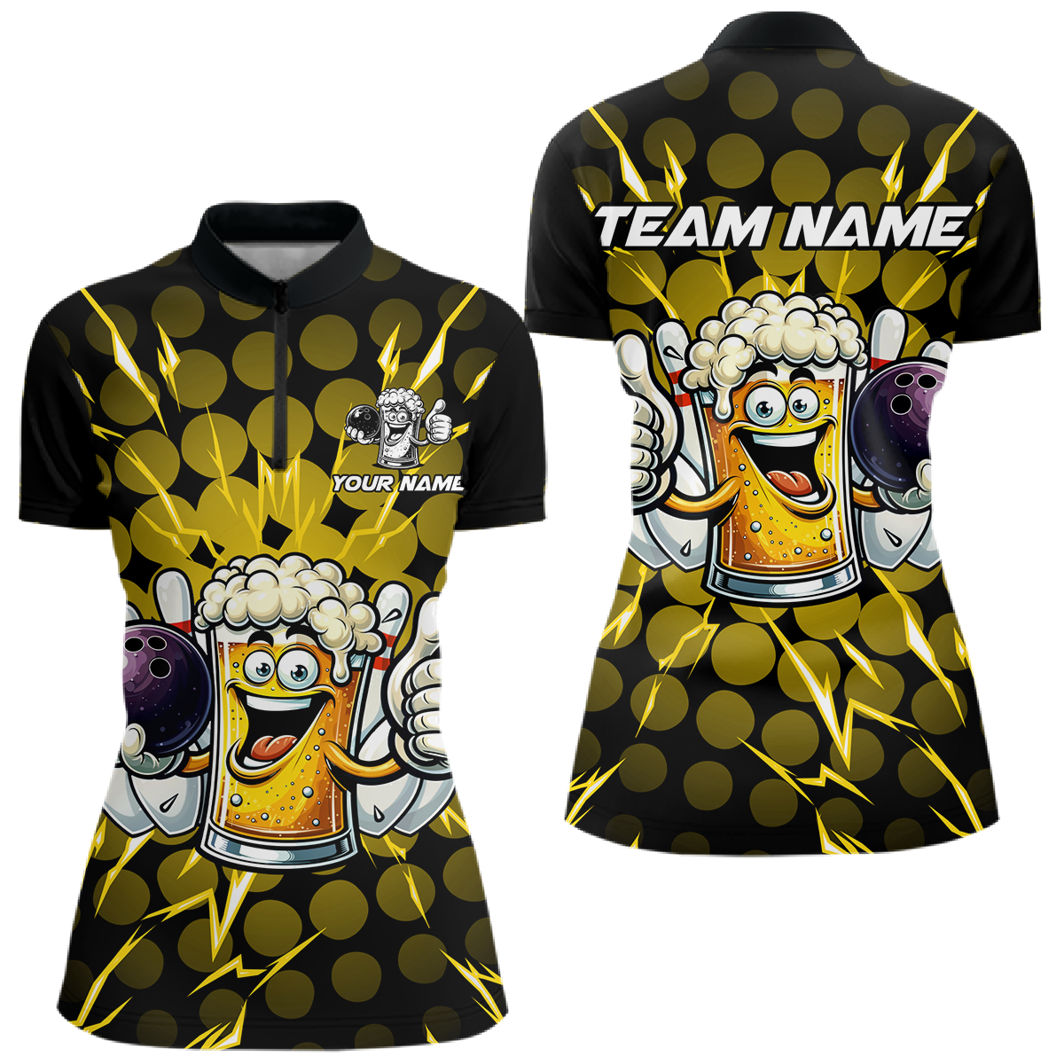 Custom Yellow Funny Beer Bowling Jersey for Women Bowling Team Shirts Polo & 1/4 Zip HNT187