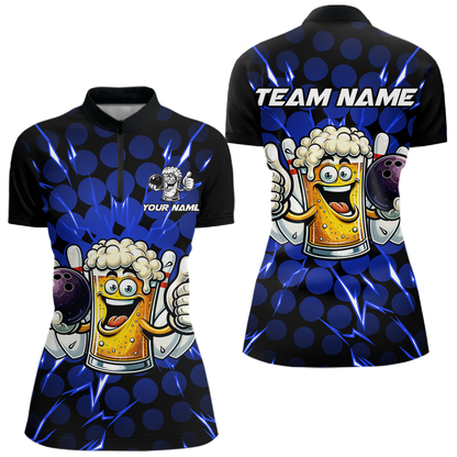 Custom Blue Funny Beer Bowling Jersey for Women Bowling Team Shirts Polo & 1/4 Zip HNT187