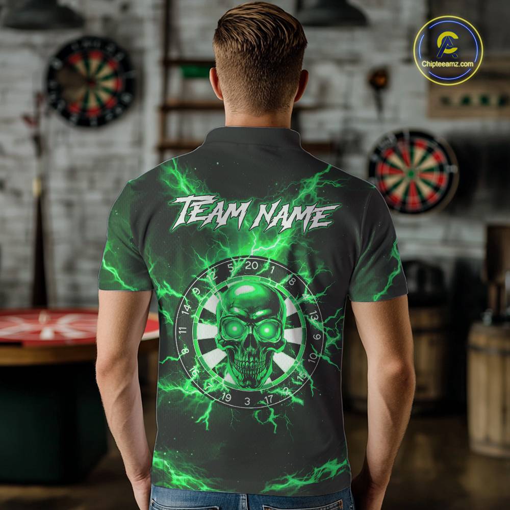 Custom Green Lightning Thunder Skull Dart Shirts For Men Darts Team Jerseys Polo & 1/4 Zip NNT135