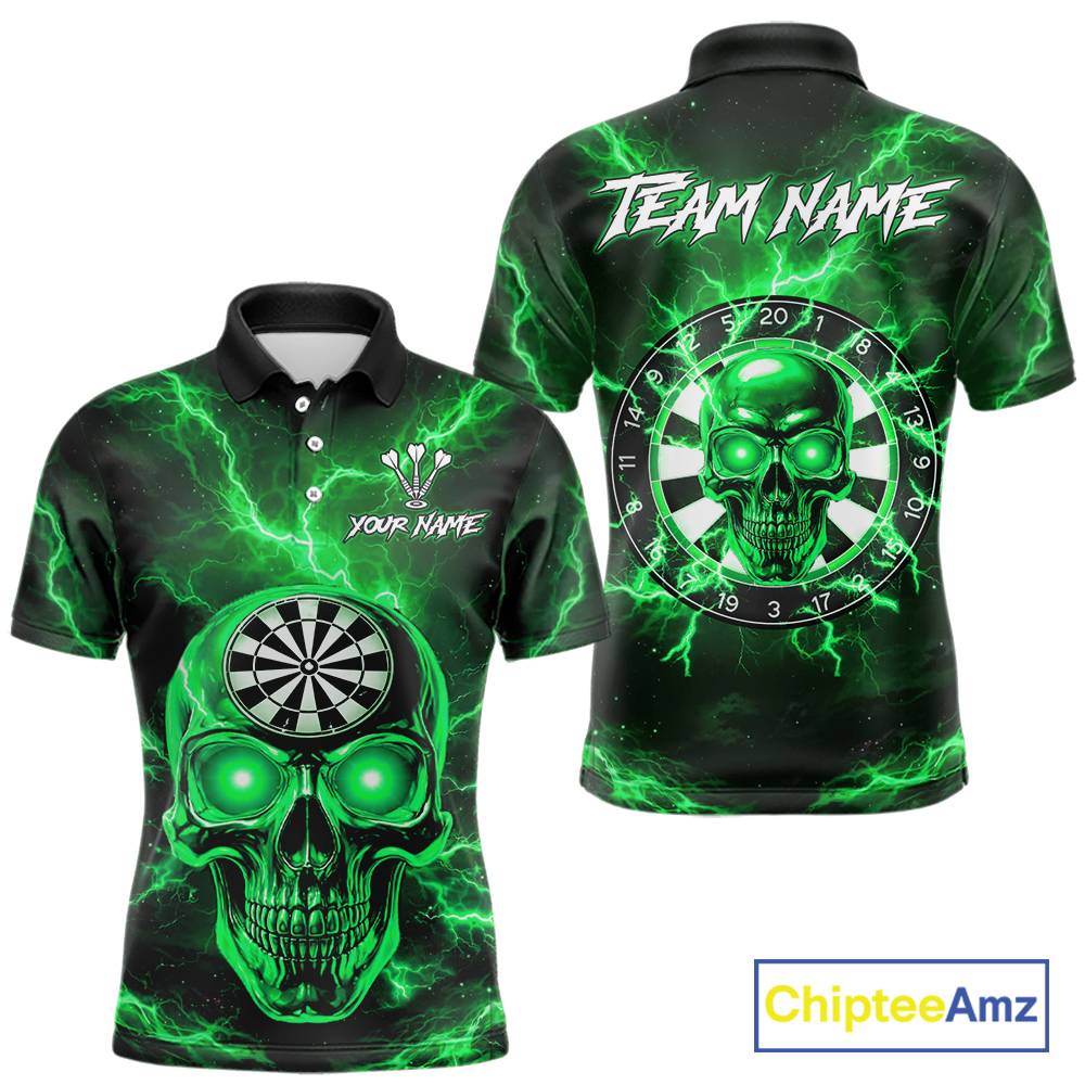Custom Green Lightning Thunder Skull Dart Shirts For Men Darts Team Jerseys Polo & 1/4 Zip NNT135