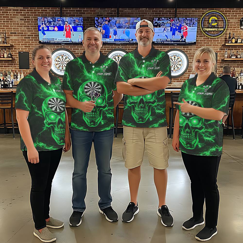 Custom Green Lightning Thunder Skull Dart Shirts For Men Darts Team Jerseys Polo & 1/4 Zip NNT135