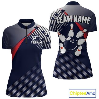 Custom US Flag Bowling Jersey for Women Bowling Team Shirts Bowling Uniform Polo & 1/4 Zip HNT165