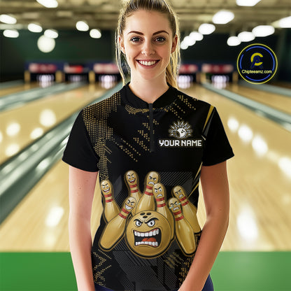 Custom Black and Gold Funny Bowling Jersey for Women Bowling Team Shirts Polo & 1/4 Zip HNT177