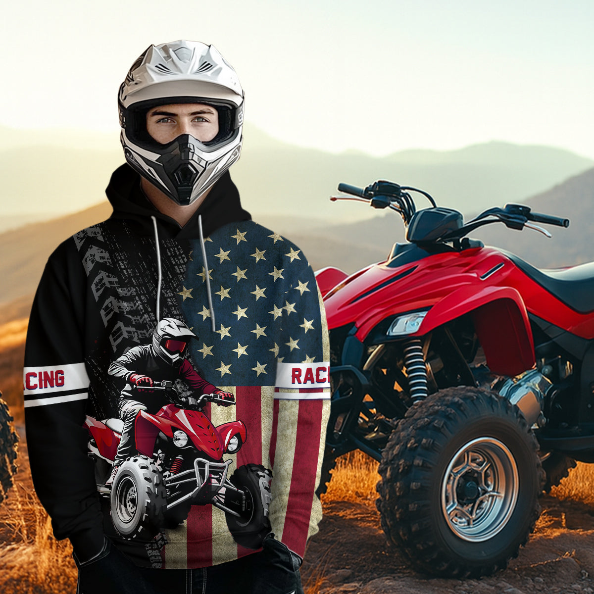 Usa Flag Quad Bike Hoodie For Adult&Kid Atv Motocross Hooded Jersey Patriotic Off-Road Extreme Quad Shirt NHN005