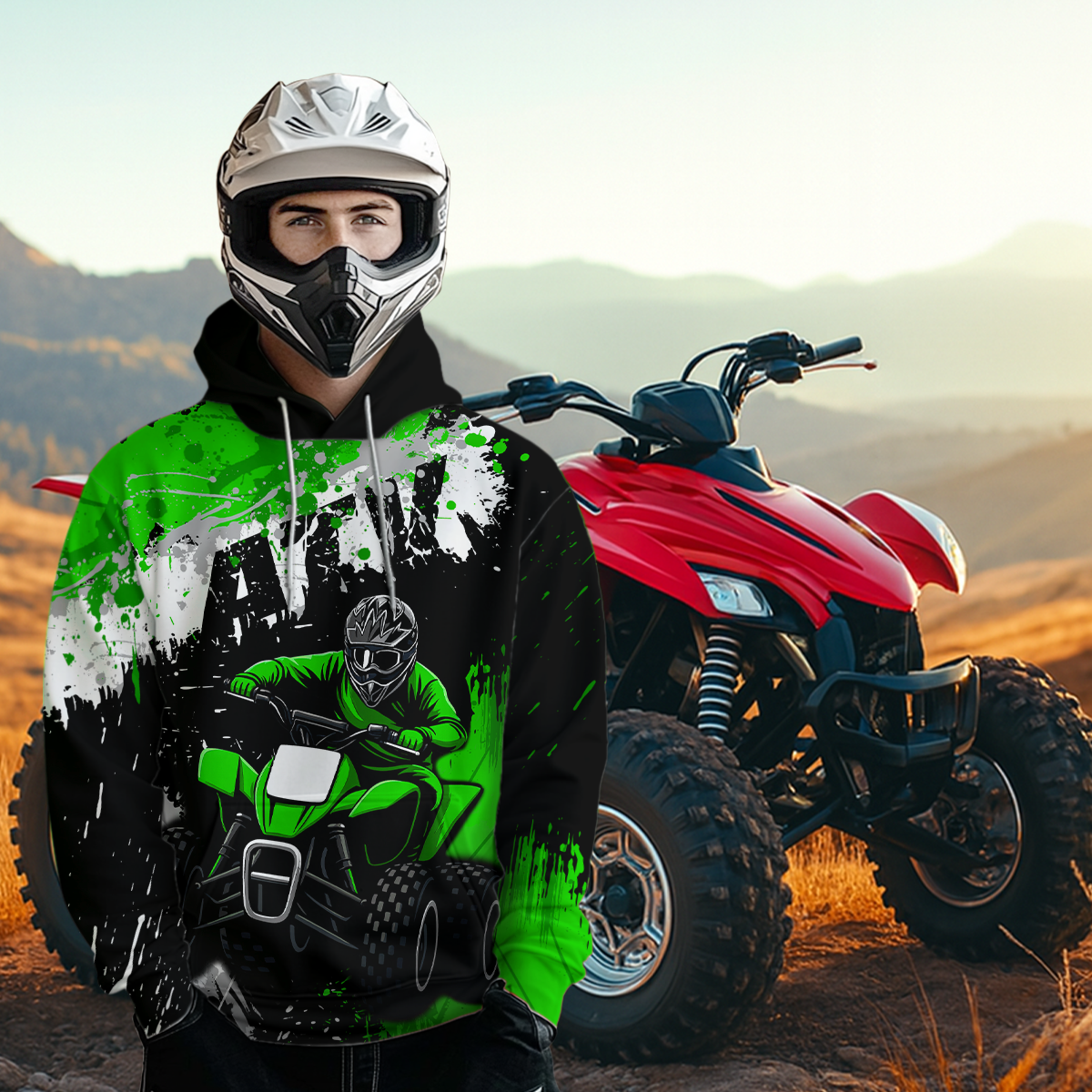 Green ATV Motocross Hoodie Personalized Upf30+ Adult&Kid Quad Bike Shirt Atv Mx Off-Road Extreme NHN003