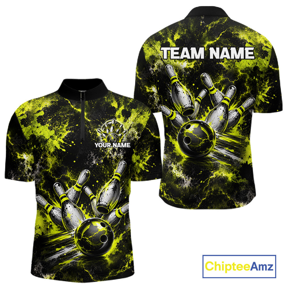 Neon Yellow Men’s Bowling Shirt Custom Bowling Team Jersey Polo & Quarter Zip TTN130