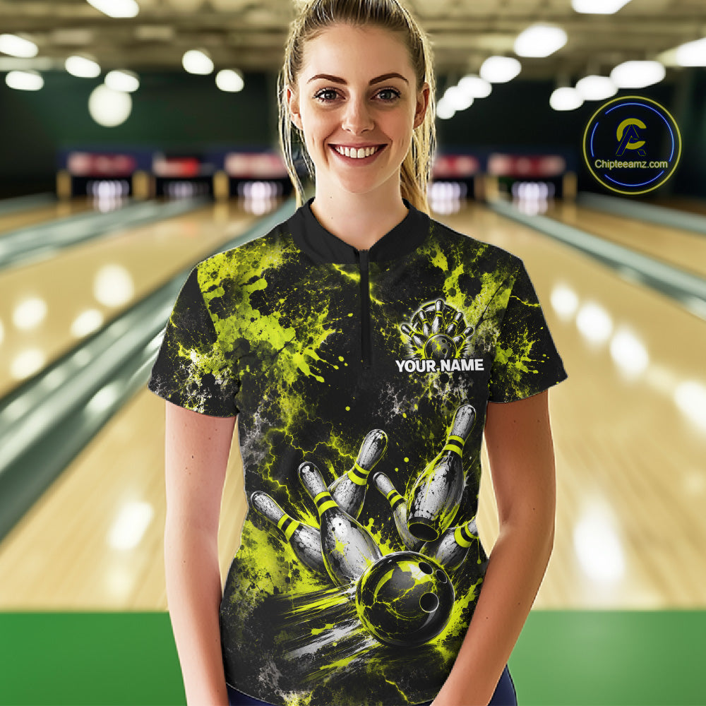 Neon Yellow Women’s Bowling Shirt Custom Bowling Team Jersey Polo & Quarter Zip TTN130