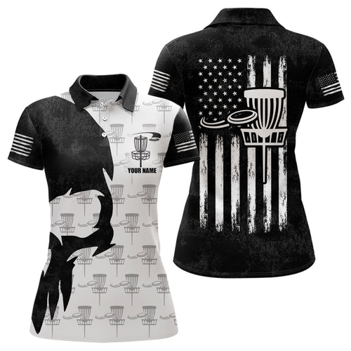 Disc Golf Basket Pattern Black Skull American Flag Polo Shirt Disc Golf Gifts For Women LDT0375