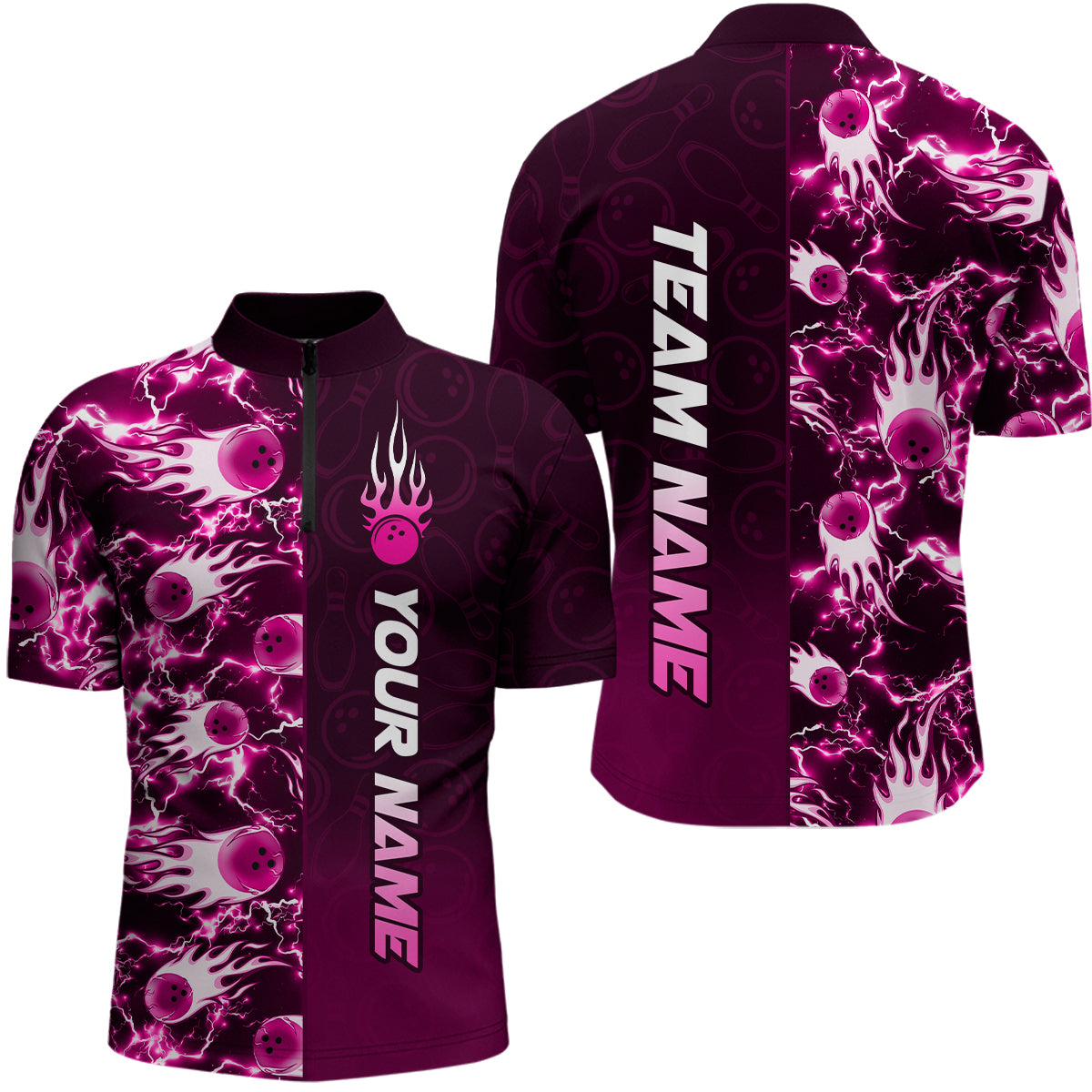 Bowling Quarter Zip Shirts For Men Custom Name Bowling Flame Lightning Team Jersey Shirt YYD0030