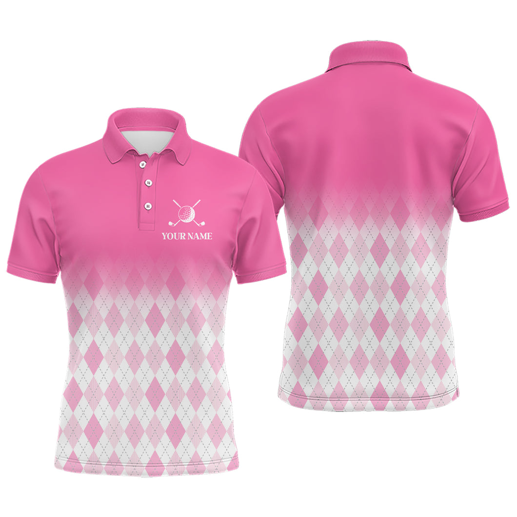 Argyle Pattern Golf Polo Shirts For Mens Custom Name, Golf Pattern Pink Shirt Gifts YYD0032