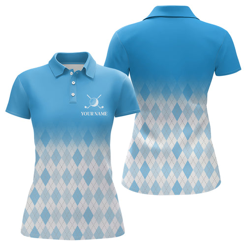 Argyle Pattern Golf Polo Shirts For Womens Custom Name, Golf Pattern Blue Shirt Gifts YYD0033