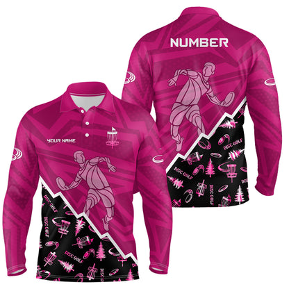 Pattern Color Mens Disc Golf Polo Shirt Custom Name & Number | Pink, Purple, Red YYD0045