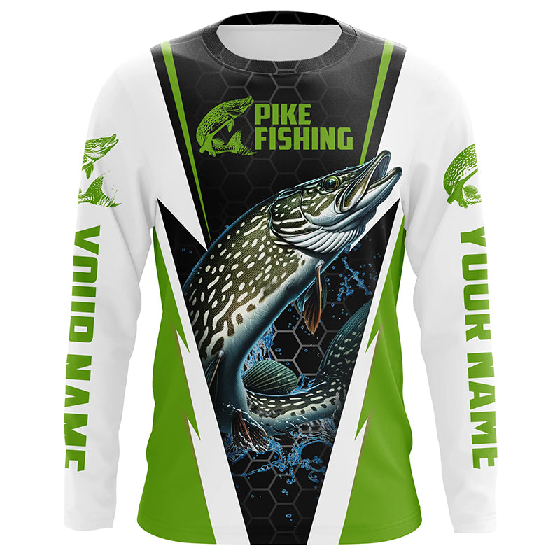 Custom Northern Pike Fishing Jerseys, Pike Long Sleeve Performance Fishing Shirts | Green IPHW6070