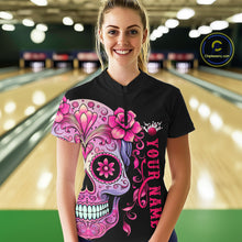 Load image into Gallery viewer, Pink Sugar Skull Tattoo Custom Women&#39;S Bowling Quarter Zip Shirts, Halloween Bowling Shirts IPHW5243