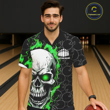 Load image into Gallery viewer, Custom Green Flame Skull Bowling Hawaiian Shirt For Men And Women, Halloween Bowler Jerseys IPHW5008
