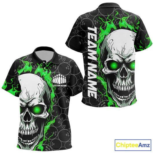 Custom Green Flame Skull Bowling Polo Shirt For Kid, Halloween Bowler Jerseys IPHW5008