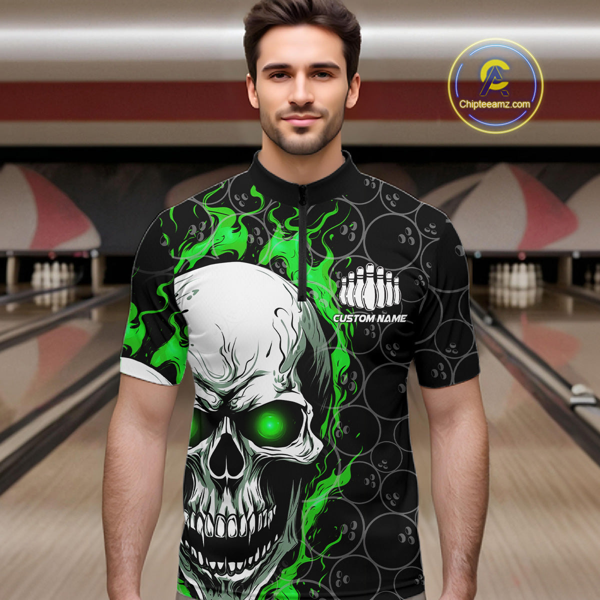 Personalized Skull Bowling Shirt For Men Custom Team'S Name Flame Bowler Jerseys |  Green IPHW5008