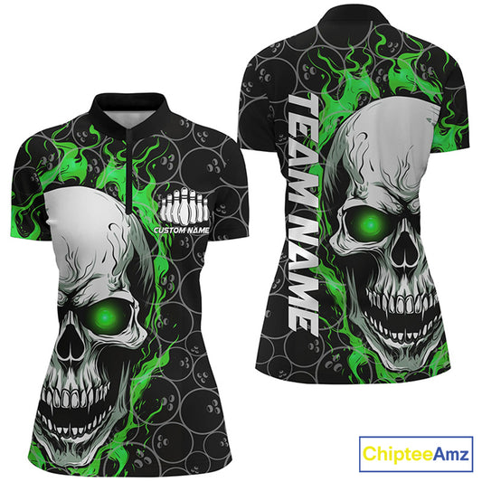 Personalized Skull Bowling Shirt For Women Custom Team'S Name Flame Bowler Jerseys |  Green IPHW5008