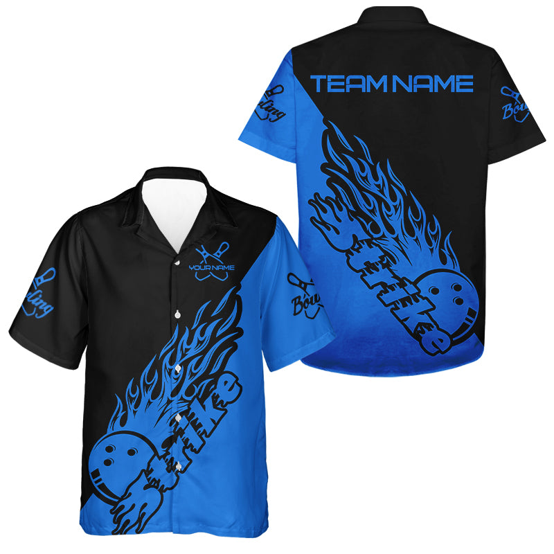 Custom Black And Blue Flame Bowling Strike Hawaiian Shirts For Men And Women, Bowling Team Shirts IPHW5167