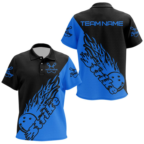 Custom Black And Blue Flame Bowling Strike Polo Shirts For Kid, Bowling Team Shirts IPHW5167