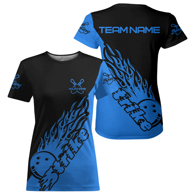 Custom Black And Blue Flame Bowling Strike T-Shirts For Women, Bowling Team IPHW5167