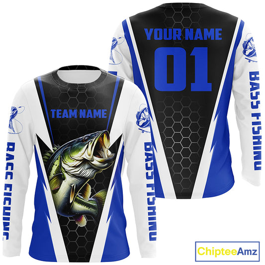 Personalized Bass Fishing Sport Jerseys, Bass Fishing Long Sleeve Tournament Shirts |Blue IPHW3744