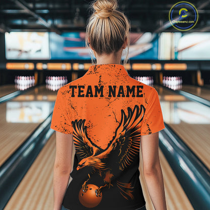 Custom Orange Eagle Women Bowling Quarter Zip Shirts Grunge Vintage Bowling Team Jerseys IPHW5343