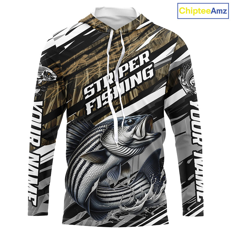 Striped Bass Fishing Camo Long Sleeve Fishing Shirts, Custom Striper Tournament Fishing Jerseys IPHW5954