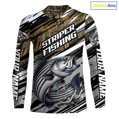 Striped Bass Fishing Camo Long Sleeve Fishing Shirts, Custom Striper Tournament Fishing Jerseys IPHW5954