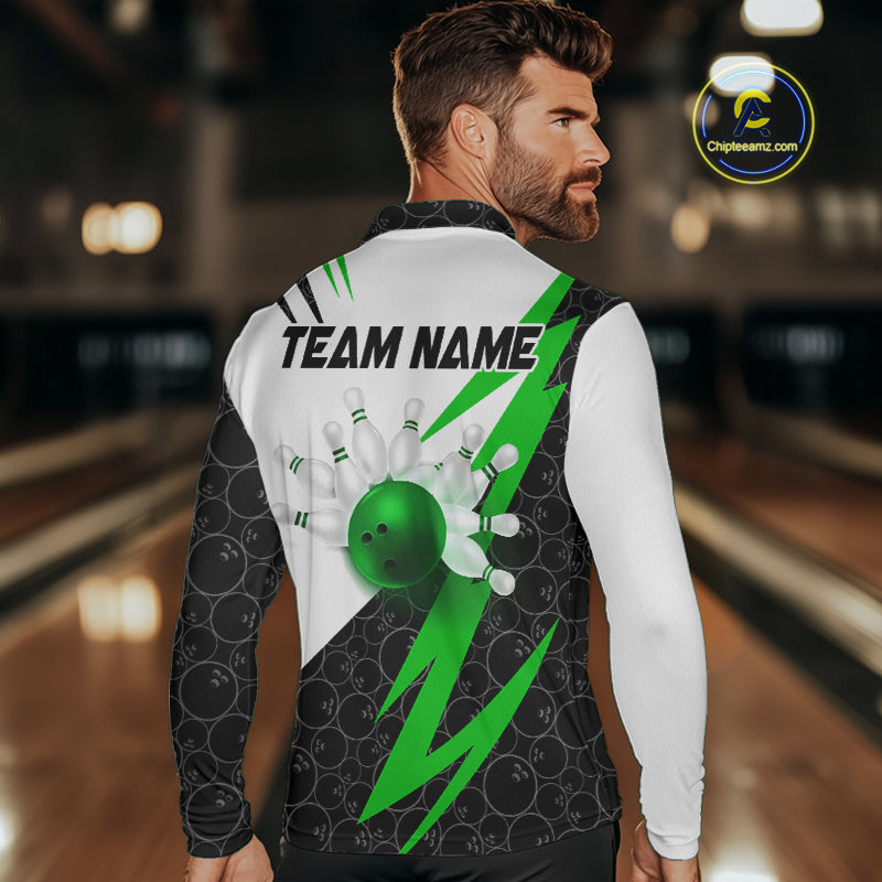Black and White Bowling Polo, Quarter Zip Shirt for Men Custom Lightning Team bowling jerseys | Green NQS9838
