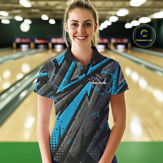 Custom Grunge Black And Blue Cobra Snake Bowling Women Polo Shirts With Team Name IPHW9029