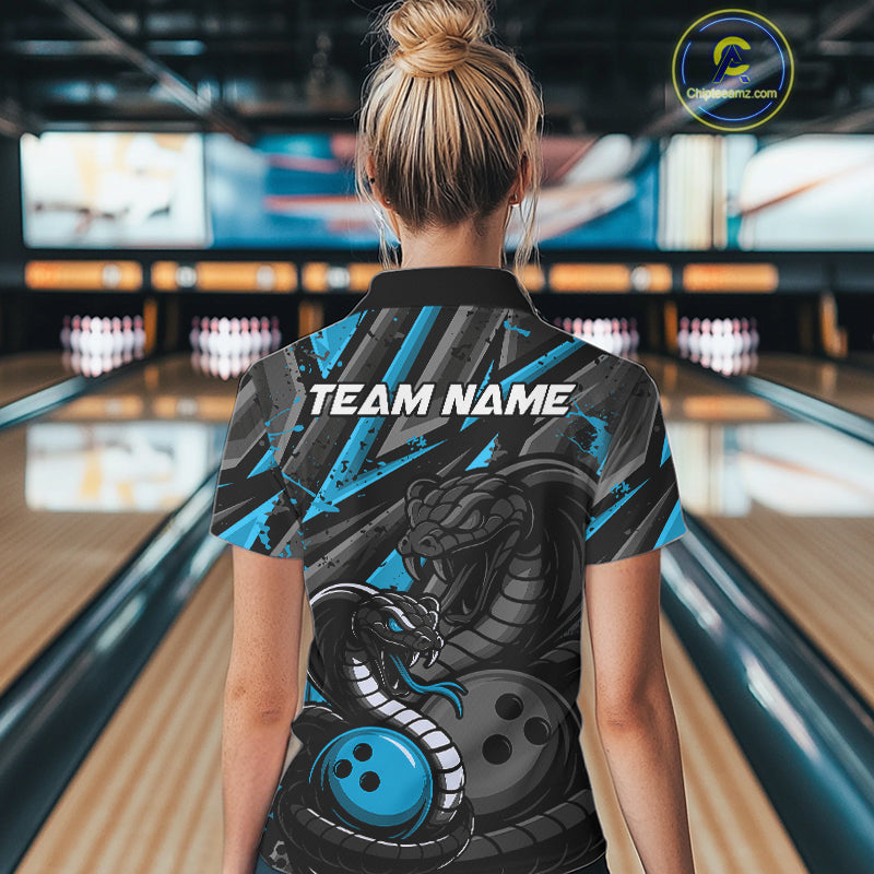 Custom Grunge Black And Blue Cobra Snake Bowling Women Polo Shirts With Team Name IPHW9029