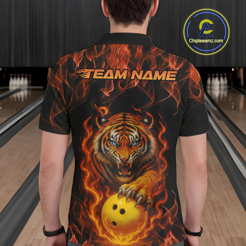 Custom Fire Flame Tiger Bowling Team Polo Shirts For Men, Tournament Bowling Outfit IPHW9037