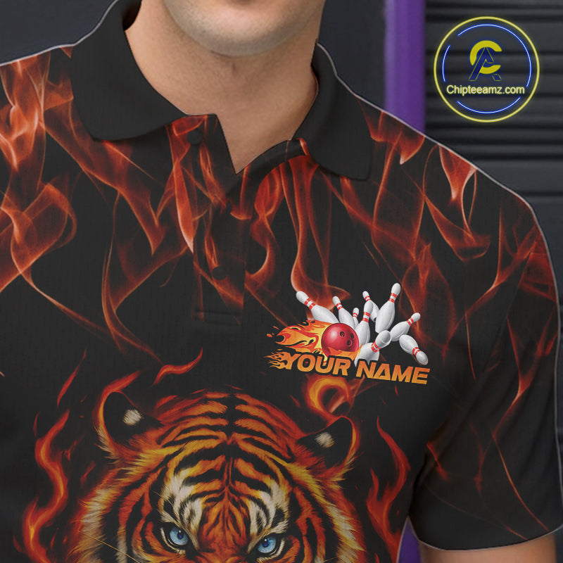 Custom Fire Flame Tiger Bowling Team Polo Shirts For Men, Tournament Bowling Outfit IPHW9037