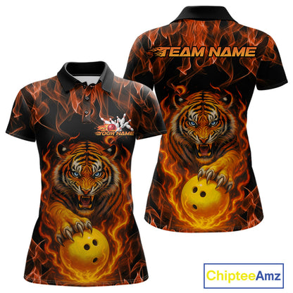 Custom Fire Flame Tiger Bowling Team Polo Shirts For Women, Tournament Bowling Outfit IPHW9037