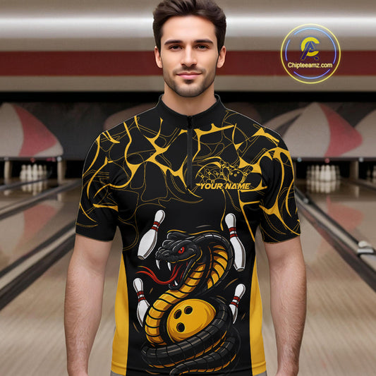 Custom Black And Yellow Cobra Snake Bowling Jerseys, Bowling Team Men Quarter-Zip Shirts IPHW9038